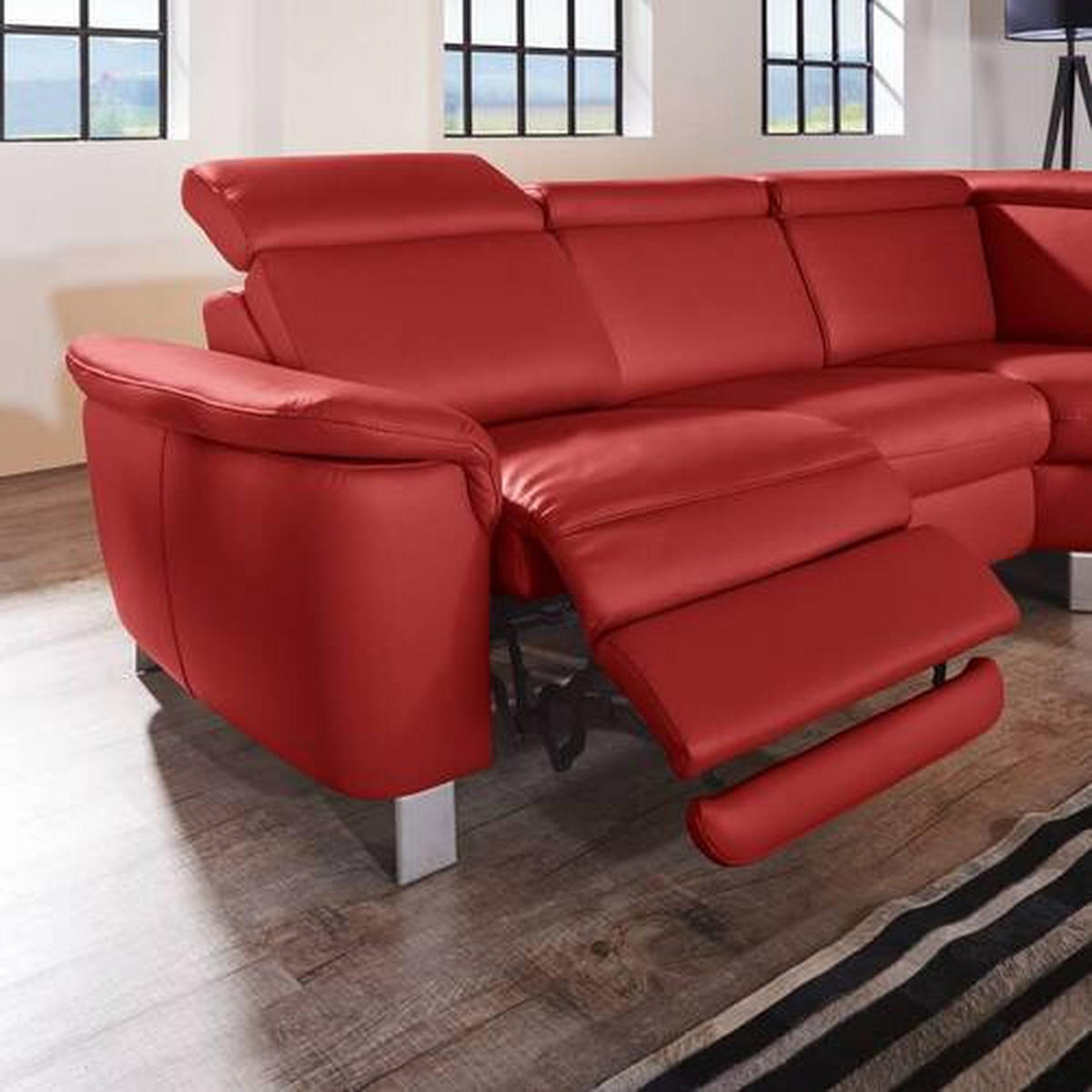 ECKSOFA in Echtleder Rot  - Rot/Alufarben, Design, Leder/Metall (271/239cm) - Cantus