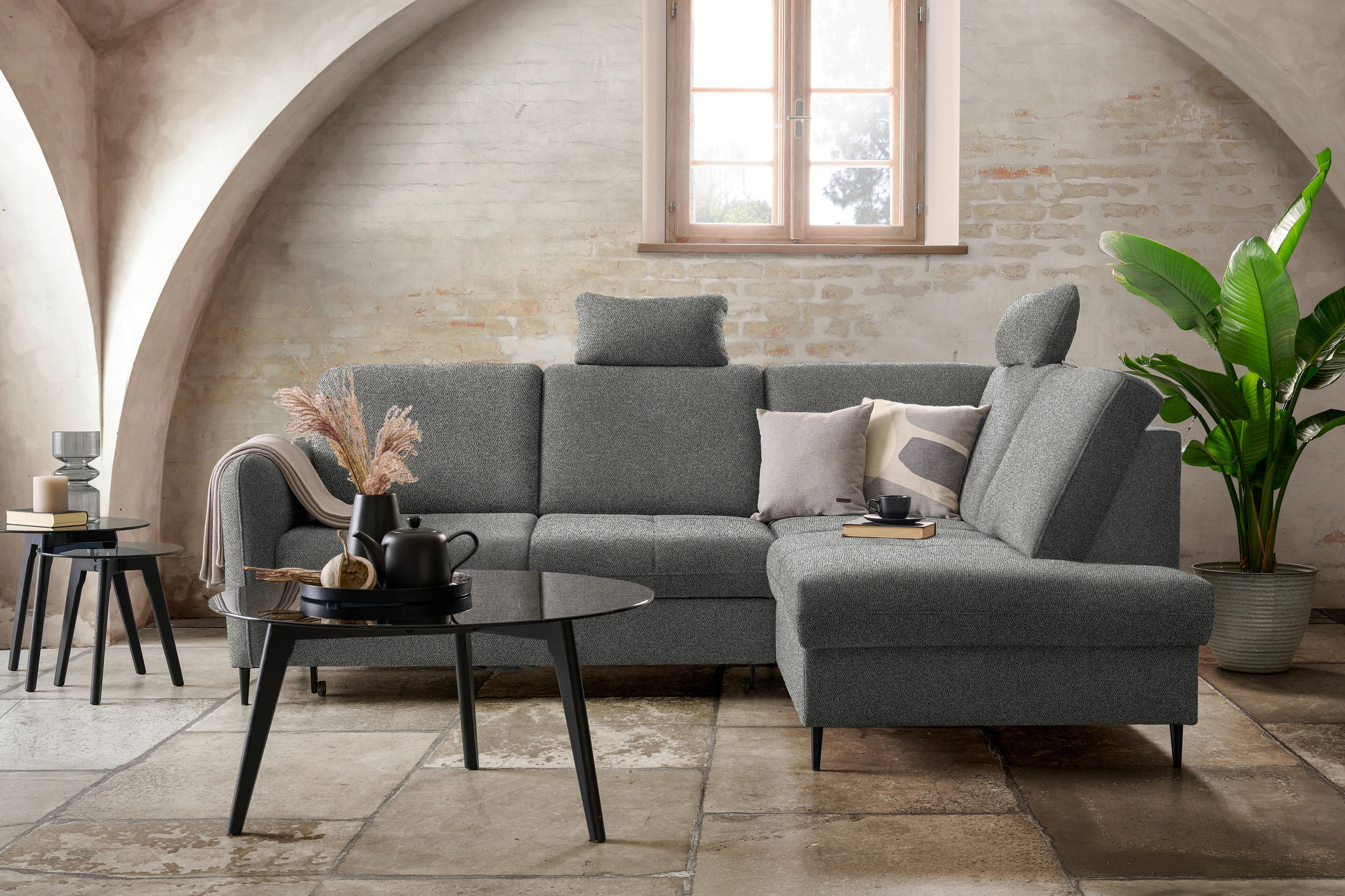 Thumbnail - Carryhome Ecksofa, Dunkelgrau, Textil, Buche, massiv, 3-Sitzer, Ottomane rechts, L-Form, 241x184 cm, Stoffauswahl, seite...