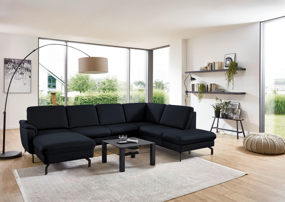 WOHNLANDSCHAFT Echtleder Dunkelblau  - Schwarz/Dunkelblau, Konventionell, Leder/Metall (168/306/224cm) - Beldomo Premium
