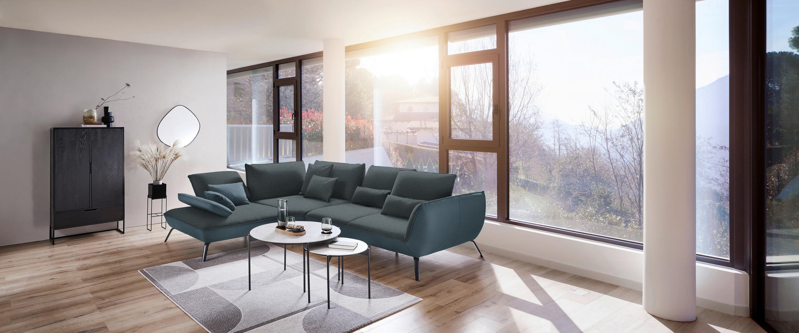 ECKSOFA in Flachgewebe Blaugrau  - Blaugrau/Schwarz, Design, Textil/Metall (250/310cm) - Moderano