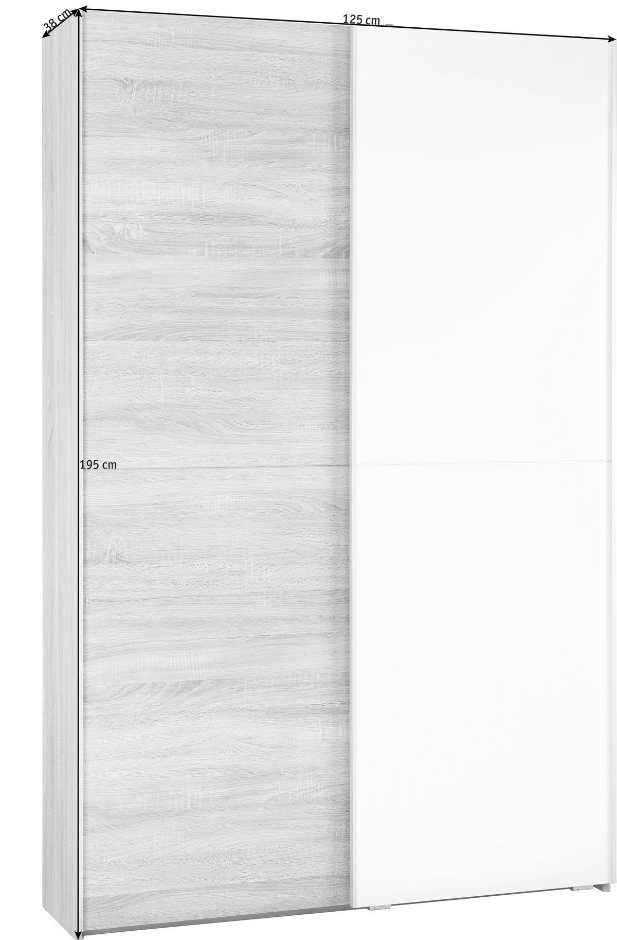 SCHWEBETÜRENSCHRANK in Weiss, Sonoma Eiche  - Weiss/Alufarben, Konventionell, Holzwerkstoff (125/195/38cm) - Livetastic