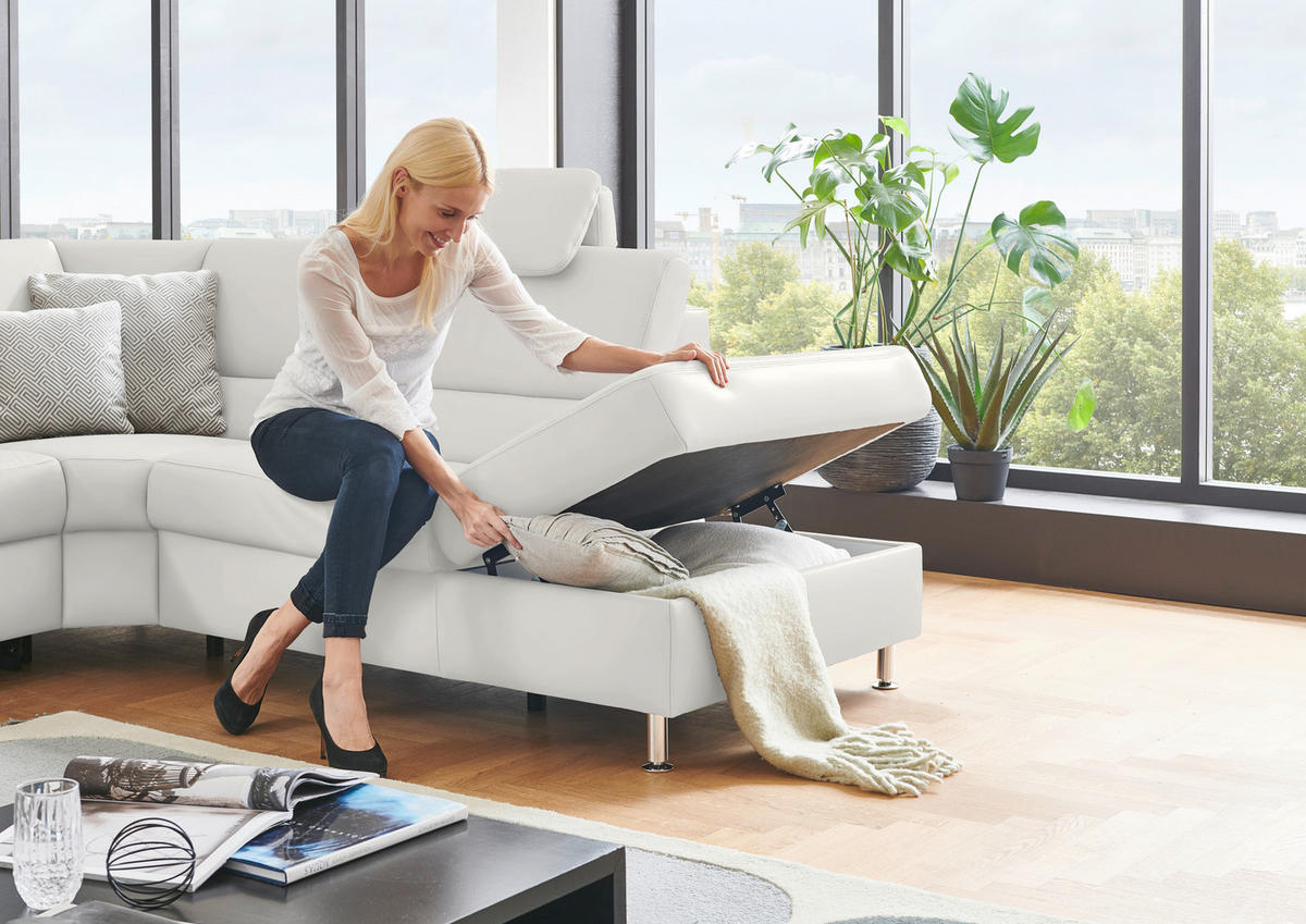 ECKSOFA in Echtleder Weiss  - Weiss/Alufarben, Konventionell, Leder/Metall (290/249cm) - Beldomo Premium