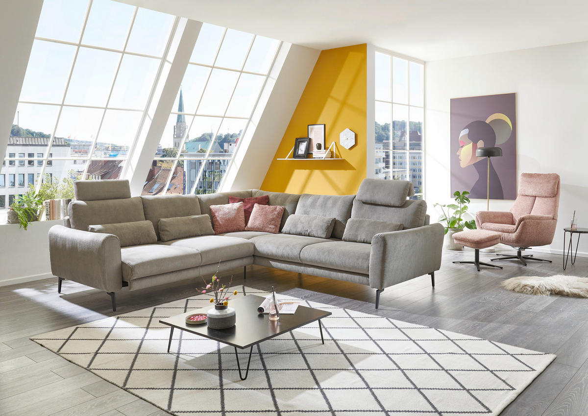 ECKSOFA in Velours, Feincord Grau  - Schwarz/Grau, Design, Textil/Metall (254/280cm) - Beldomo Style