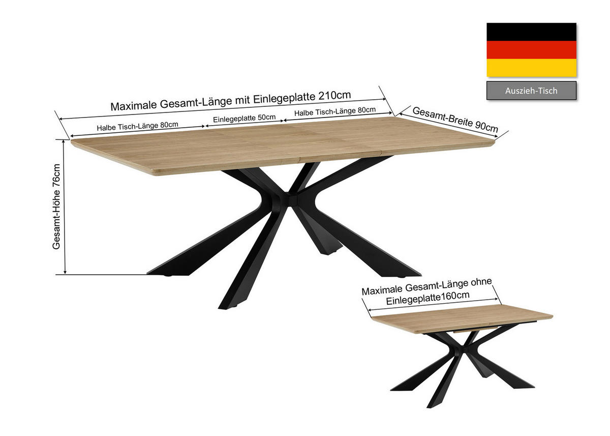 ESSTISCH 160-210/90/76 cm Echtholz, Nachbildung  Holz, Metall, Holzwerkstoff ausziehbar rechteckig Schwarz, Eichefarben  - Eichefarben/Schwarz, MODERN, Holz/Holzwerkstoff (160-210/90/76cm) - P & B