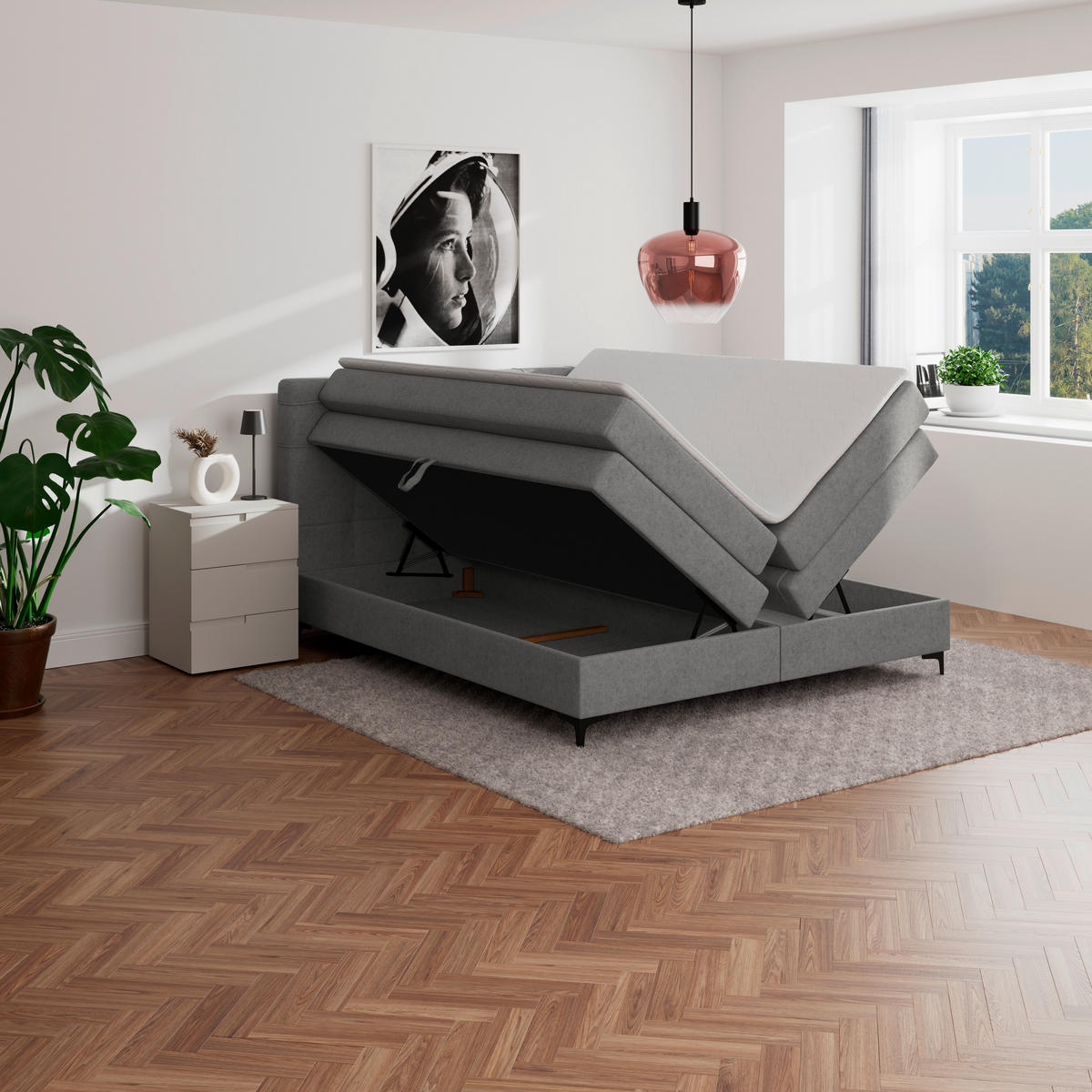 BOXSPRINGBETT 200/200 cm,  in Grau, H3 = fest  - Schwarz/Grau, KONVENTIONELL, Kunststoff/Textil (200/200cm)