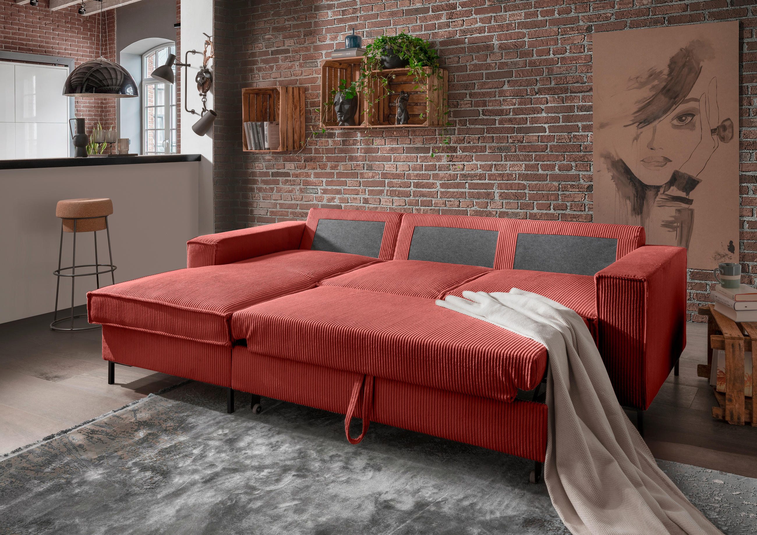 ECKSOFA Koralle Cord  - Koralle/Schwarz, MODERN, Textil/Metall (150/240cm) - Livetastic