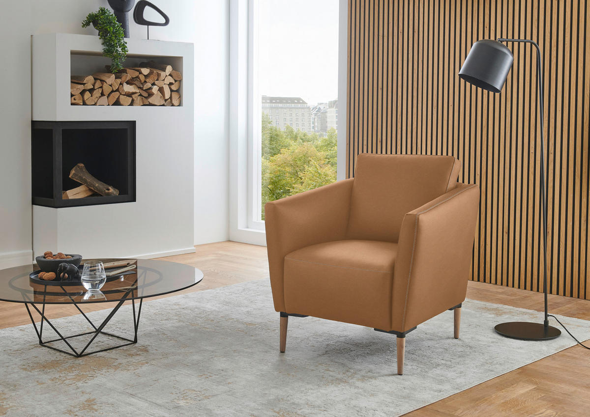 SESSEL Echtleder Haselnussfarben  - Eichefarben/Beige, Natur, Leder/Holz (75/84/76cm) - Valnatura