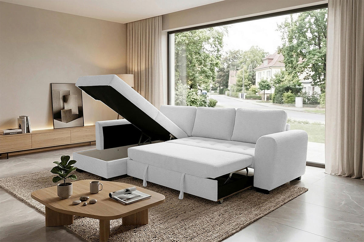 ECKSOFA JOHN Silberfarben Cord Rückenkissen, Bettkasten, Liegefläche im Originalstoff  - Silberfarben/Schwarz, Trend, Kunststoff/Textil (178/239cm) - P & B