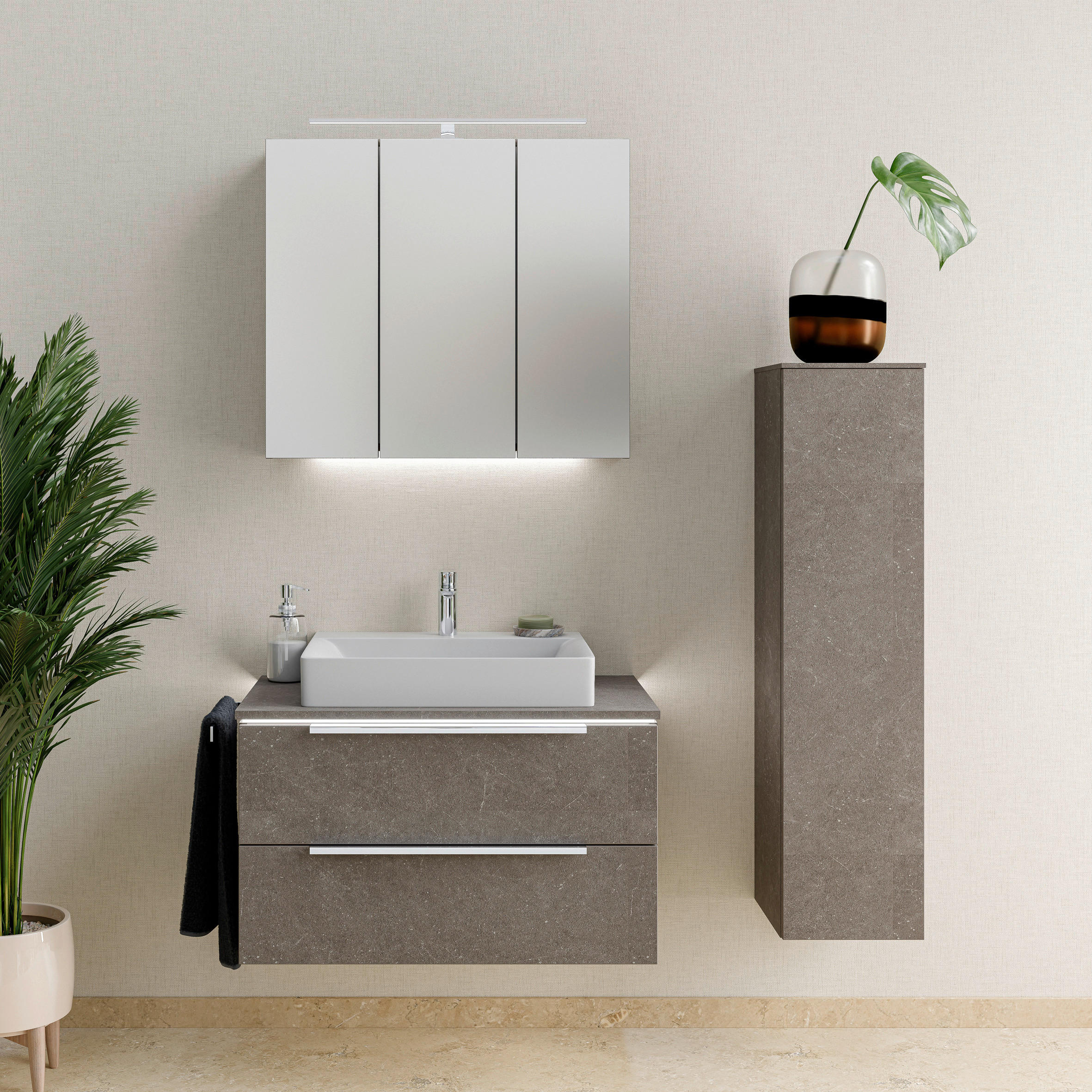 Thumbnail - Dieter Knoll Midischrank Mezzano, Dunkelgrau, Glas, 3 Fächer, 30x137x33 cm, Made in Germany, hängend, Badezimmer, Badezi...