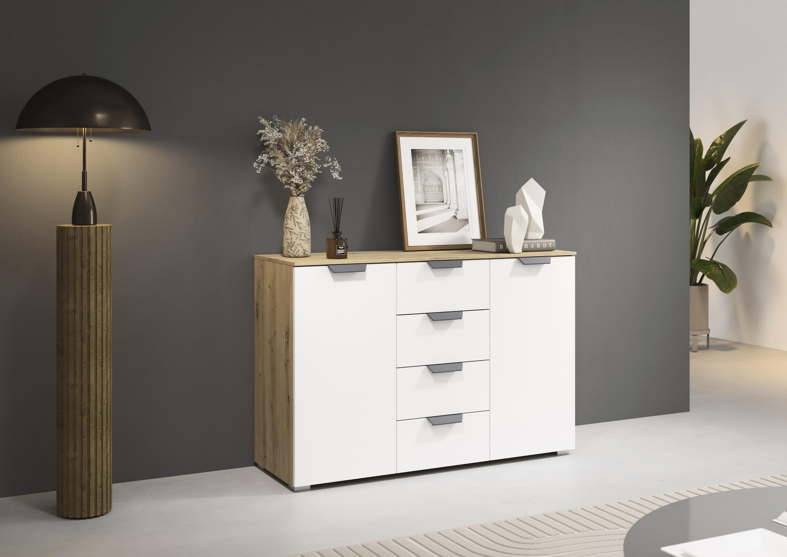 Thumbnail - Carryhome Kommode, Weiß, Eiche Artisan, Metall, 4 Fächer, 4 Schubladen, 120x81x42 cm, Blauer Engel, Goldenes M, Made in ...