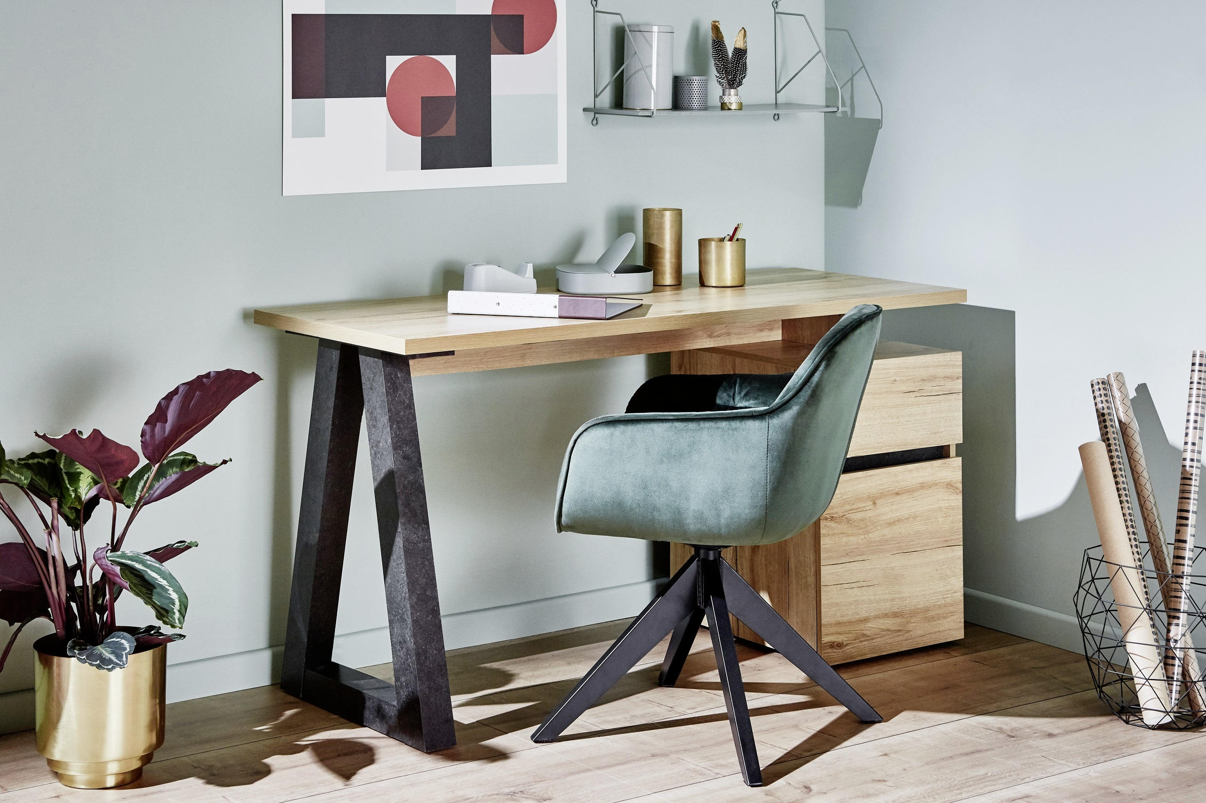 SCHREIBTISCH 140/55/76 cm  in Grau, Eichefarben  - Eichefarben/Grau, Design, Holzwerkstoff/Metall (140/55/76cm)