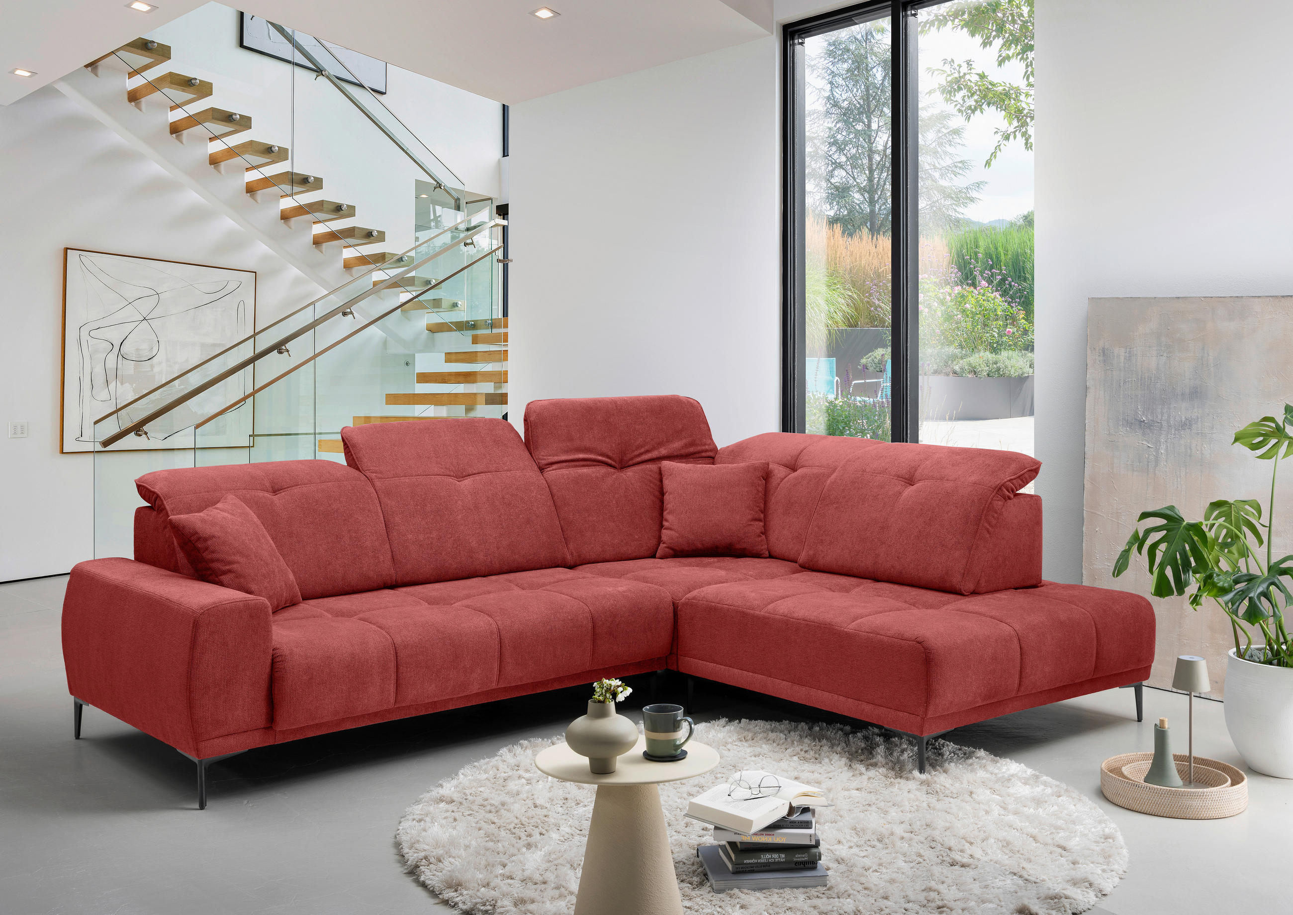 ECKSOFA NESTO Rot Chenille Zierkissen, Kopfteilverstellung, Sitzvorzug  - Rot/Schwarz, Basics, Textil/Metall (305/232cm) - Livetastic