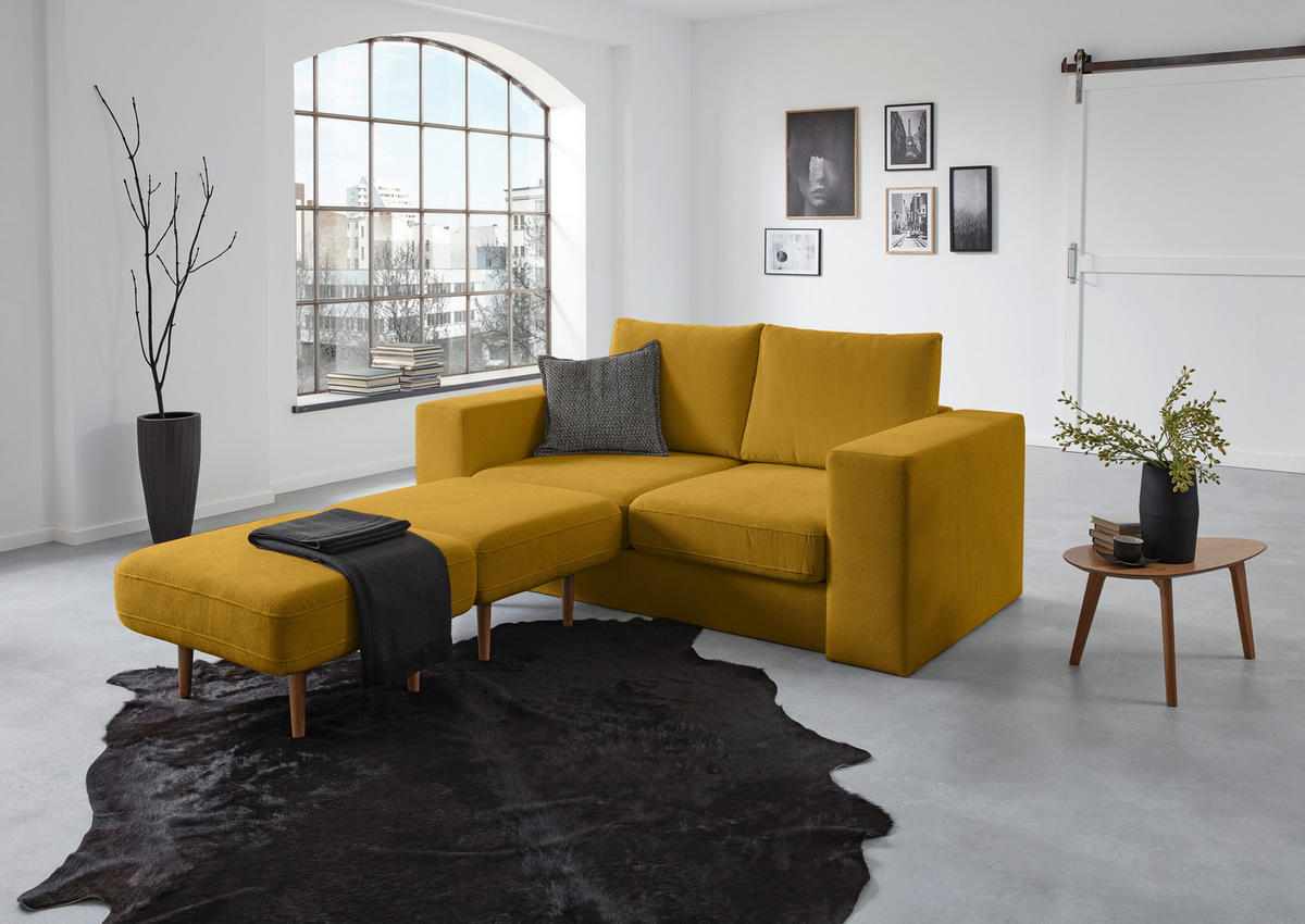 DREISITZER-SOFA inkl. Hocker Webstoff Gelb  - Eichefarben/Gelb, Design, Holz/Textil (212/96/107cm) - LOOKS by W.Joop
