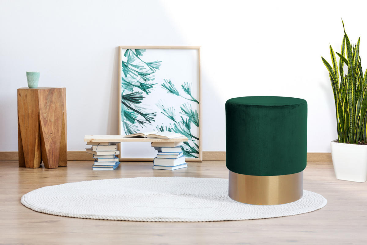 HOCKER in Holz, Textil, Holzwerkstoff Dunkelgrün  - Dunkelgrün/Goldfarben, Basics, Holz/Holzwerkstoff (35/42cm) - Kayoom