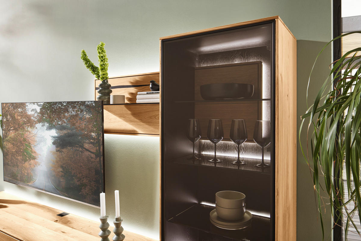 WOHNWAND 3-teilig  in Schwarz, Eichefarben  320/192/50 cm  - Eichefarben/Schwarz, Natur, Glas/Holz (320/192/50cm) - Waldwelt