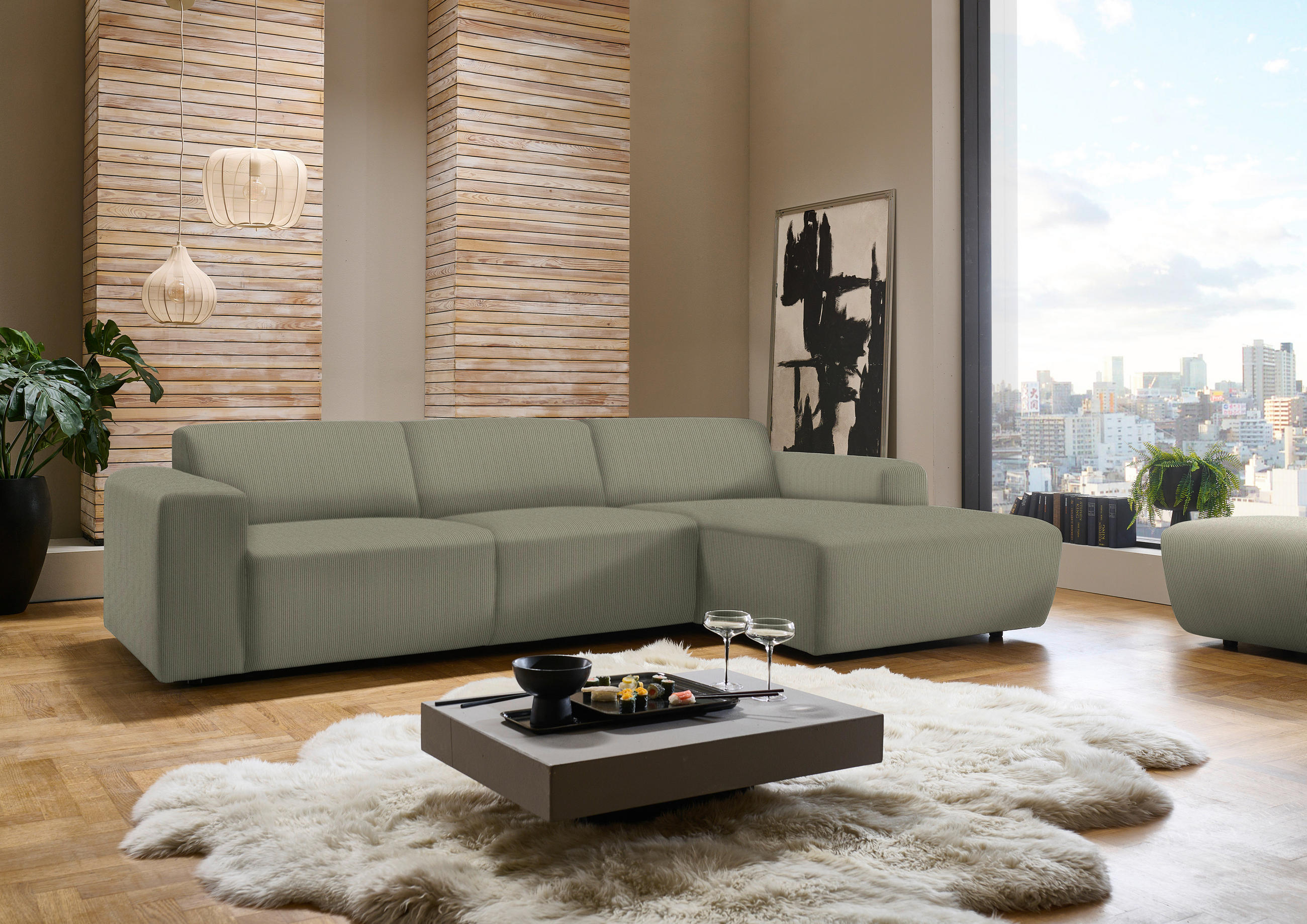 ECKSOFA in Feincord Olivgrün  - Schwarz/Olivgrün, Design, Kunststoff/Textil (301/177cm) - Beldomo Style