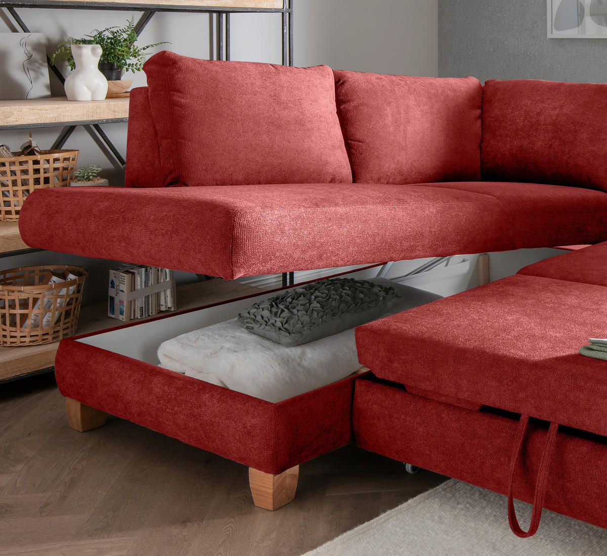 ECKSCHLAFSOFA in Chenille Rot  - Wildeiche/Rot, Modern, Holz/Textil (206/261cm) - Livetastic