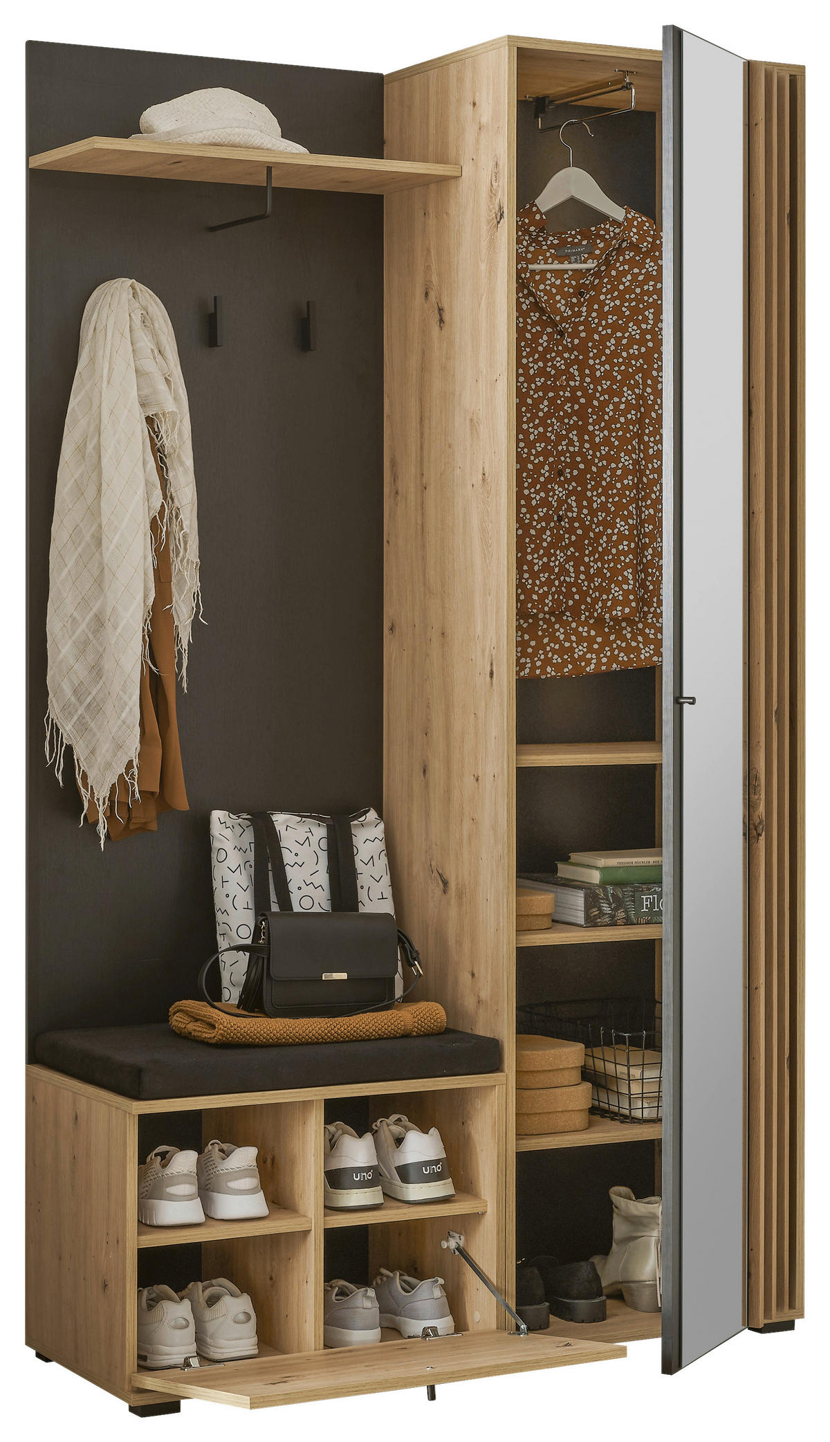 GARDEROBE 5-teilig  in 114/197/40 cm  - Schwarz/Eiche Artisan, Design, Glas/Holzwerkstoff (114/197/40cm) - Carryhome