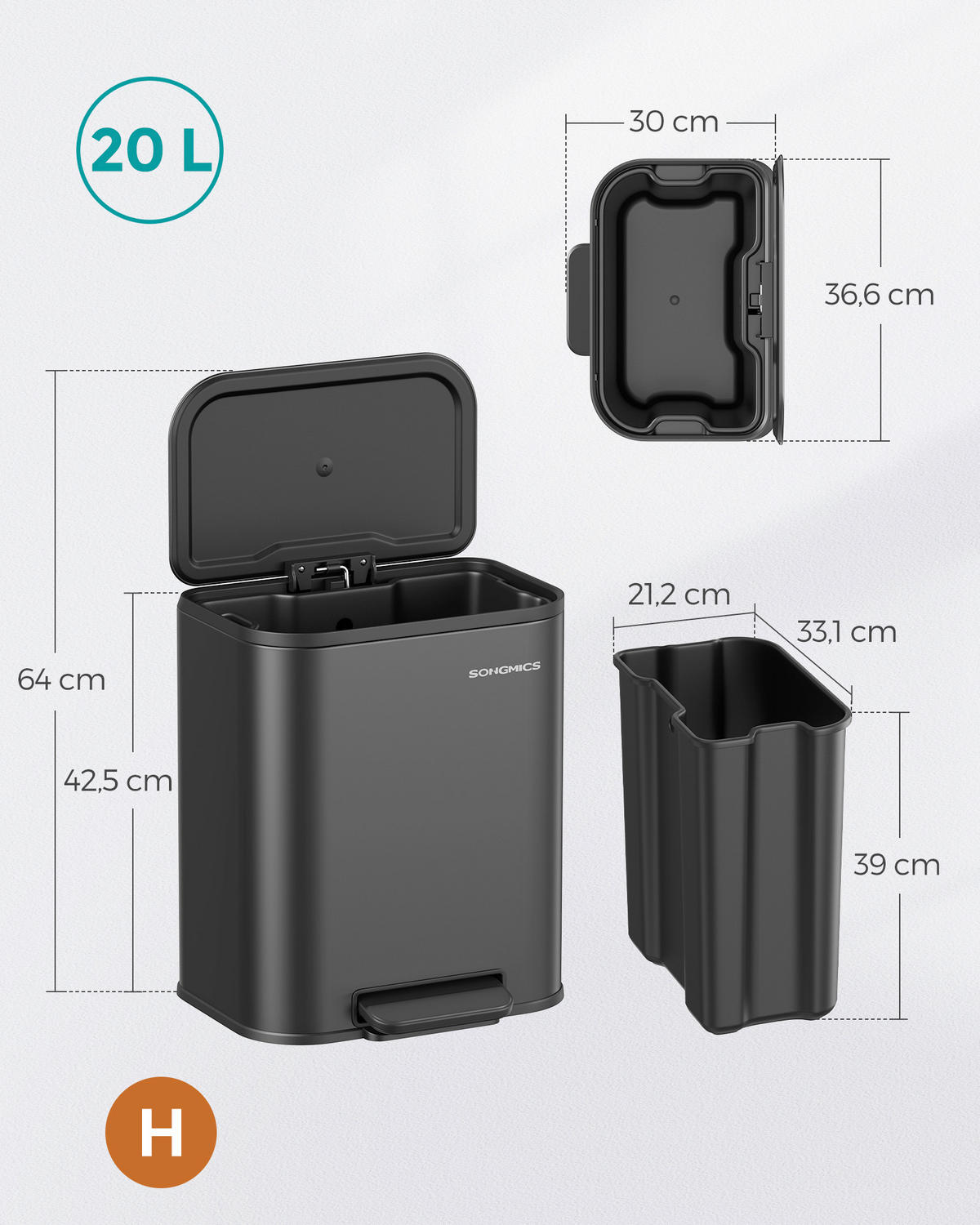 ABFALLSAMMLER 20 l  Metall, Kunststoff  - Schwarz, Basics, Kunststoff/Metall (36,6/42,5/30cm)