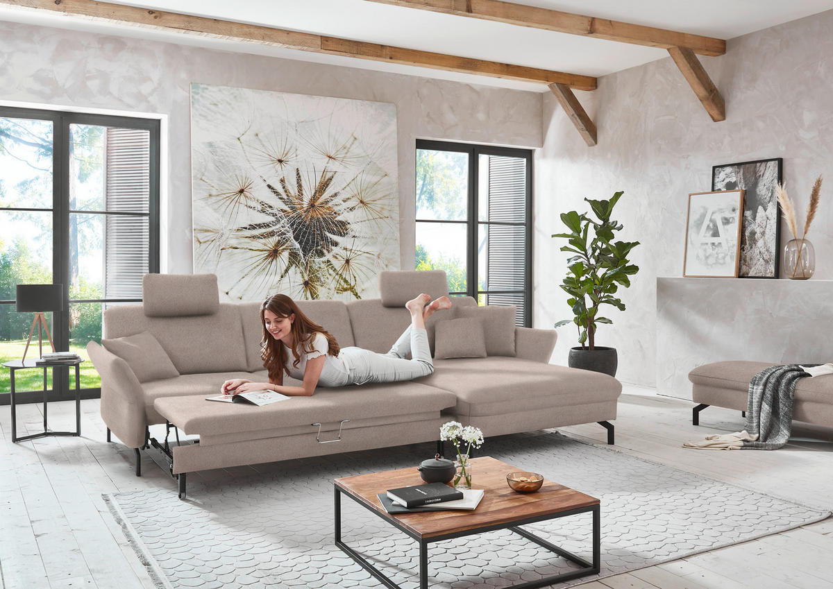 ECKSOFA in Velours Greige  306/179 cm  - Greige/Schwarz, Design, Textil/Metall (306/179cm) - Beldomo System