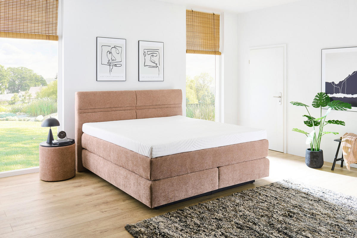 BOXSPRINGBETT 180/200 cm,  in Rotbraun, gepolstertes Kopfteil, Topper, Matratzen, H2 + H3 = mittel + fest  - Rotbraun/Schwarz, MODERN, Holzwerkstoff/Textil (180/200cm) - Hukla