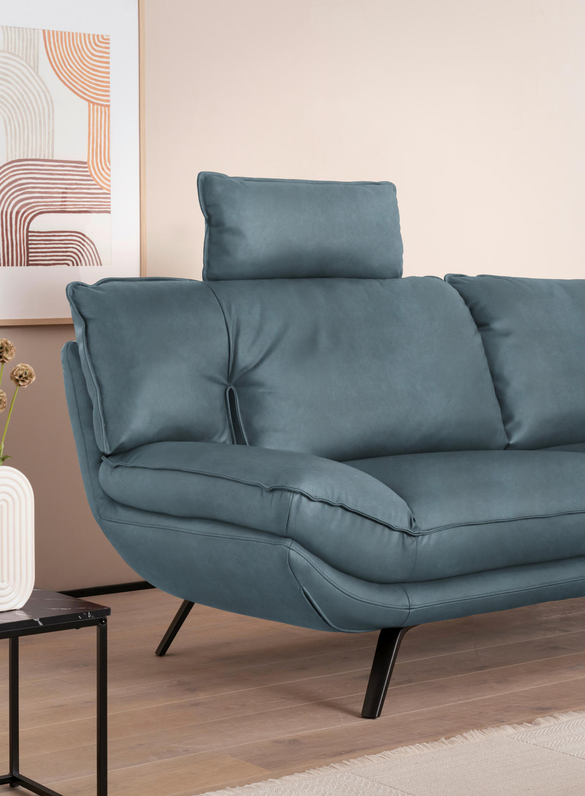 3-SITZER-SOFA in Leder Blau  - Blau/Schwarz, Design, Leder/Metall (226/95/95cm) - Celina