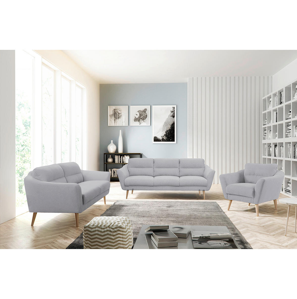 3-SITZER-SOFA in Webstoff Hellgrau  - Buchefarben/Hellgrau, Design, Holz/Textil (209/87/88cm) - Livetastic