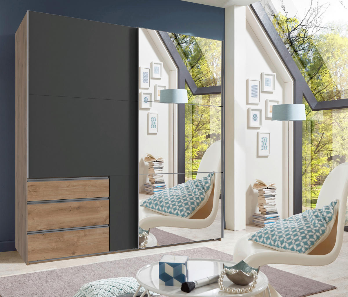 SCHWEBETÜRENSCHRANK  in Graphitfarben, Eichefarben  - Chromfarben/Eichefarben, MODERN, Glas/Holzwerkstoff (250/216/65cm) - MID.YOU