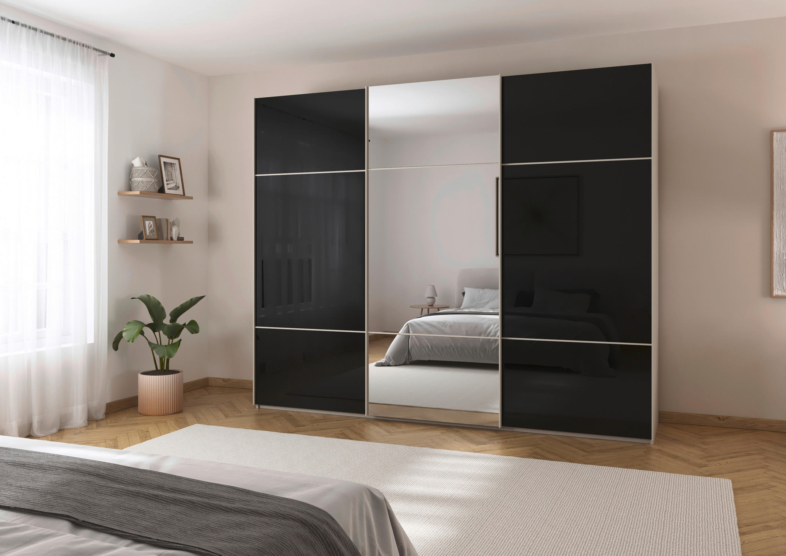 SCHWEBETÜRENSCHRANK 301/223/68 cm 3-türig Schwarz, Champagner  - Champagner/Schwarz, KONVENTIONELL, Glas/Holzwerkstoff (301/223/68cm) - Novel