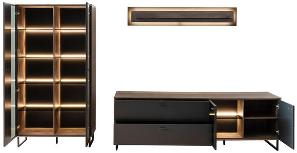 WOHNWAND in Schwarz, Eichefarben 321/185/50 cm - Eichefarben/Anthrazit, Design, Glas/Holz (321/185/50cm) - Novel