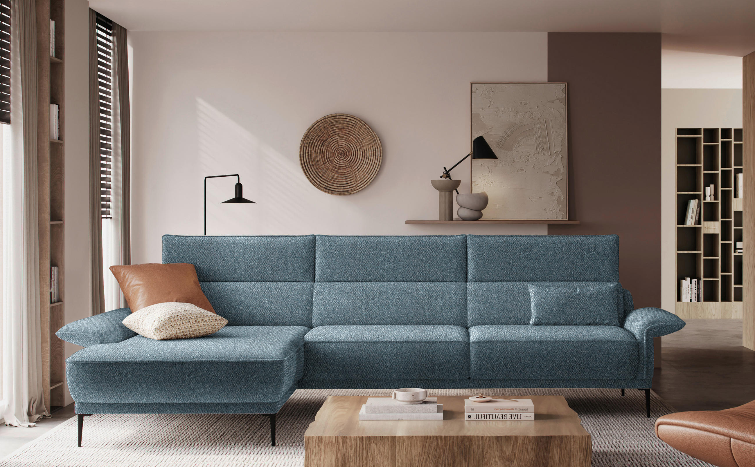 ECKSOFA in Bouclé Blau  - Blau/Schwarz, Modern, Textil/Metall (186/330cm) - Johann Jakob