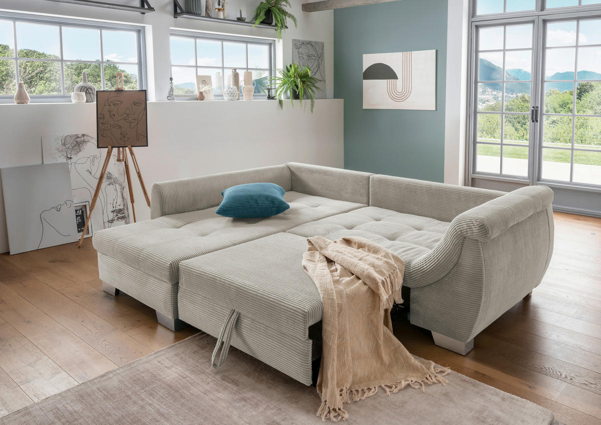 ECKSOFA in Cord Silberfarben  - Silberfarben/Petrol, Design, Holz/Textil (190/250cm) - MID.YOU