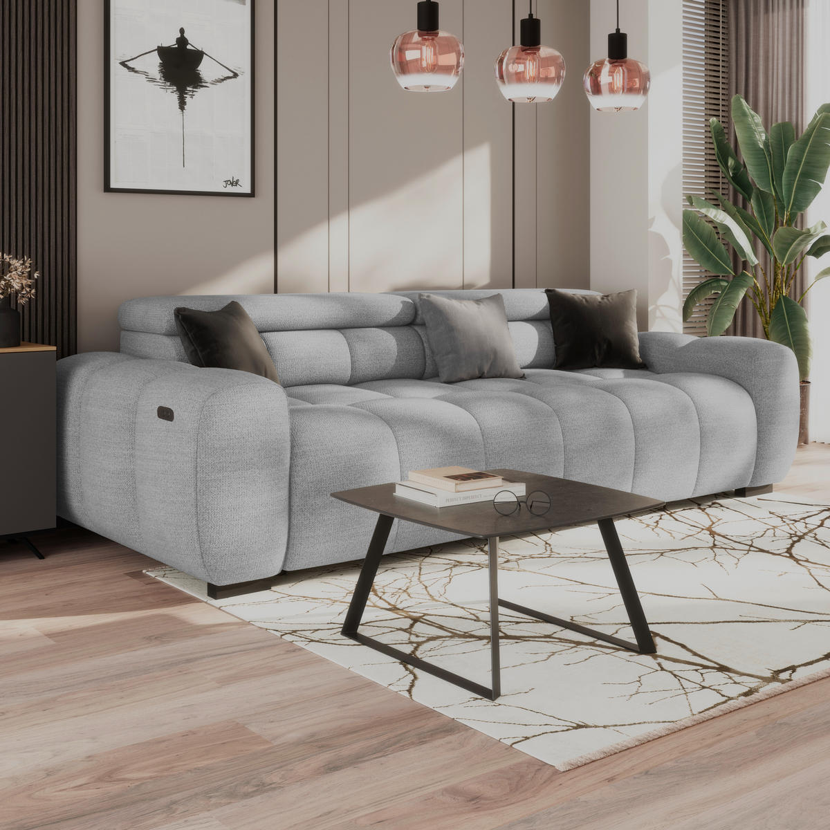 BIGSOFA Webstoff Hellgrau  - Hellgrau/Schwarz, Design, Kunststoff/Textil (248/77-97/108cm) - Welnova