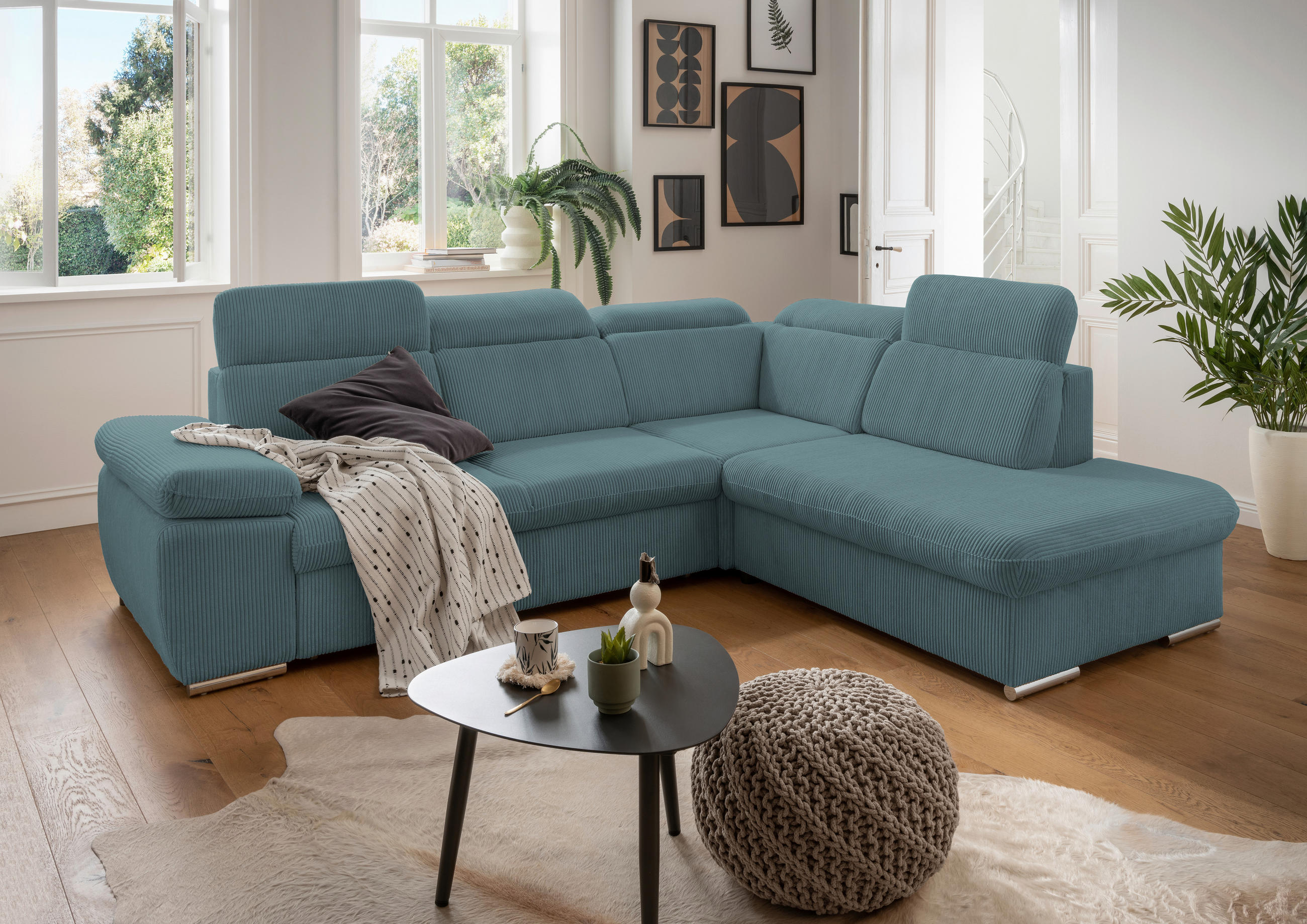 ECKSOFA Petrol Cord  - Chromfarben/Petrol, Design, Textil/Metall (283/228cm) - Livetastic