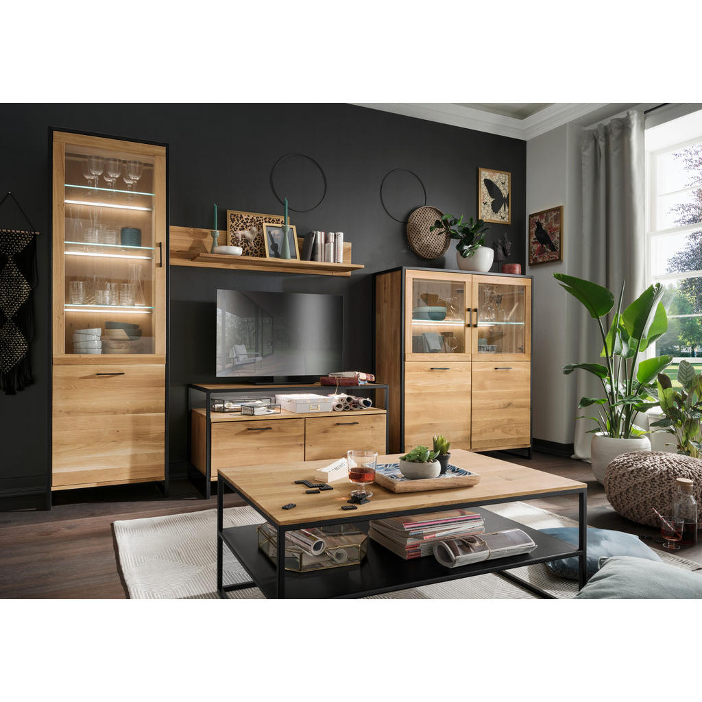 Thumbnail - Linea Natura Highboard, Schwarz, Wildeiche, Metall, Asteiche, massiv, 2 Holz + 1 Glas Fächer, 115x138x39 cm, Typenauswah...