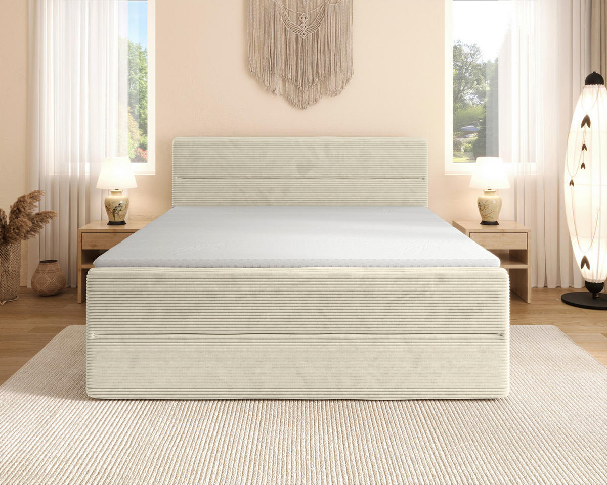 BOXSPRINGBETT 180/200 cm,  in Beige, gepolstertes Kopfteil, Bettkasten, Topper, Matratzen, H3 + H4 = fest + sehr fest  - Beige/Schwarz, KONVENTIONELL, Kunststoff/Textil (180/200cm) - Chameo