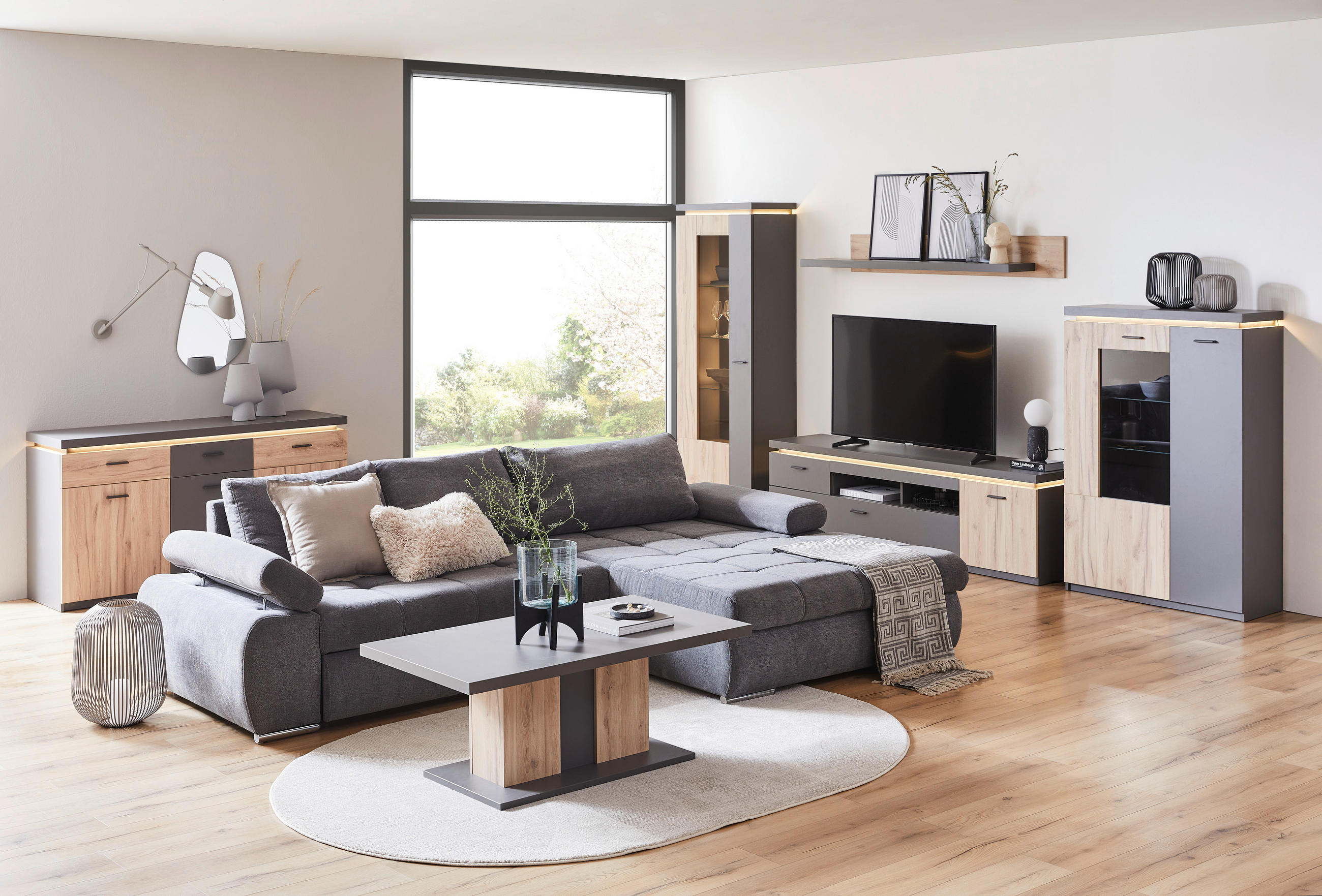 TV-ELEMENT Grau, Eichefarben - Eichefarben/Anthrazit, Design, Holzwerkstoff/Metall (196/57/44cm) - Carryhome