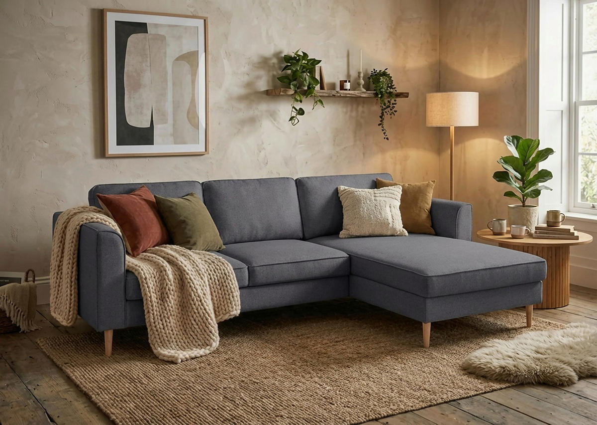 ECKSCHLAFSOFA Struktur Anthrazit  inkl. Bettkasten, Schlaffunktion, Rücken echt  - Anthrazit/Buchefarben, MODERN, Holz/Textil (232/161cm) - Trendmanufaktur