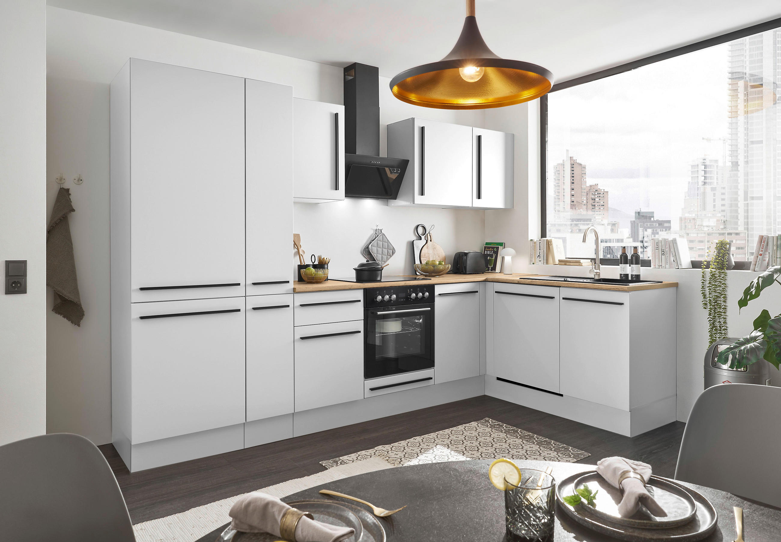 ECKKÜCHE 310/175 cm  in Weiß  - Eichefarben/Schwarz, Design, Holzwerkstoff/Kunststoff (310/175cm) - MID.YOU