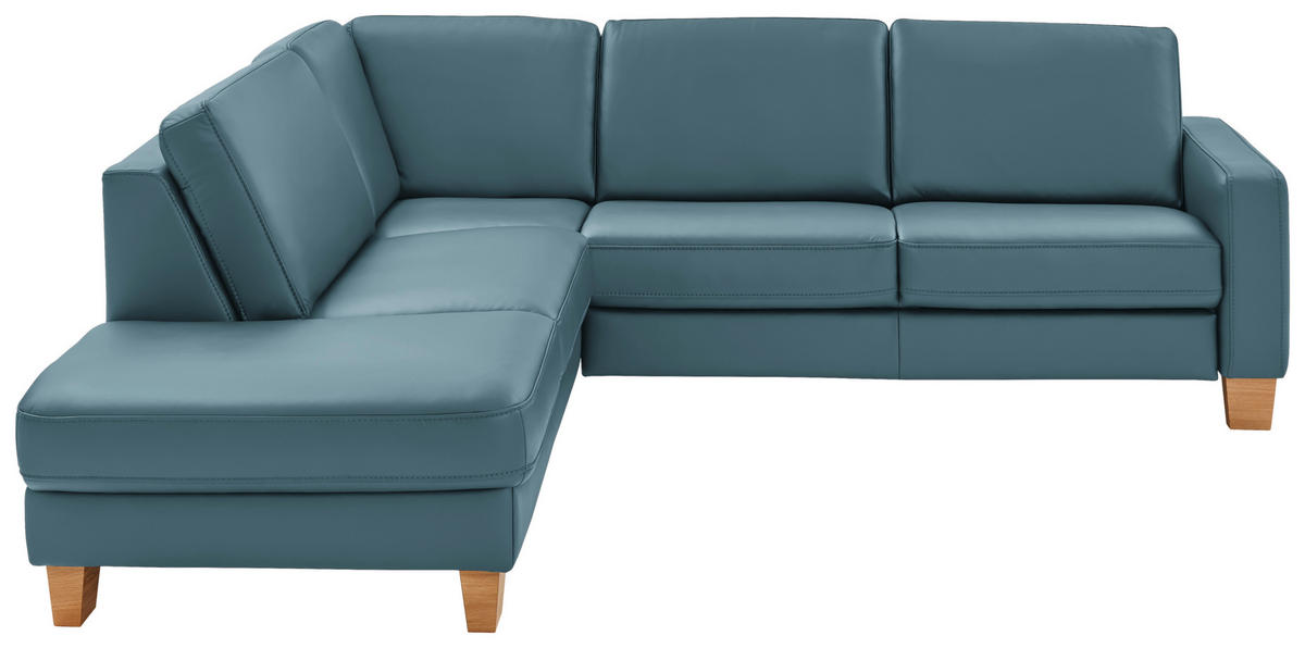 ECKSOFA Valdera in Echtleder Blau  235/257 cm  - Blau/Eiche Bianco, Natur, Leder/Holz (235/257cm) - Valdera