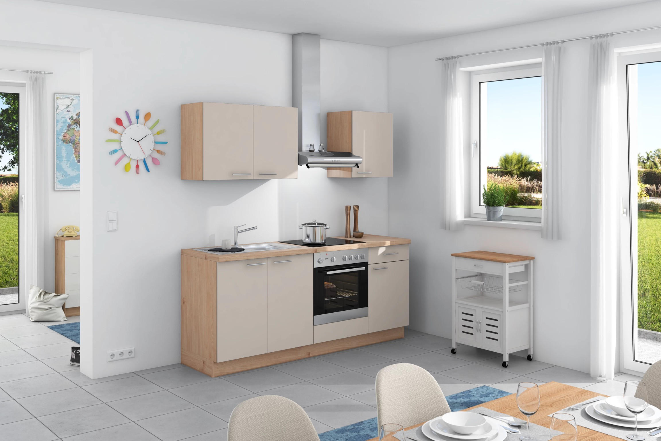 Küchenzeile Base ohne Geräte 200 cm Crema/Wildeiche