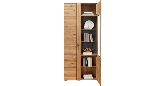 VITRINE Eiche furniert, massiv Eichefarben - Eichefarben/Alufarben, KONVENTIONELL, Glas/Holz (89/205/38cm) - Voleo