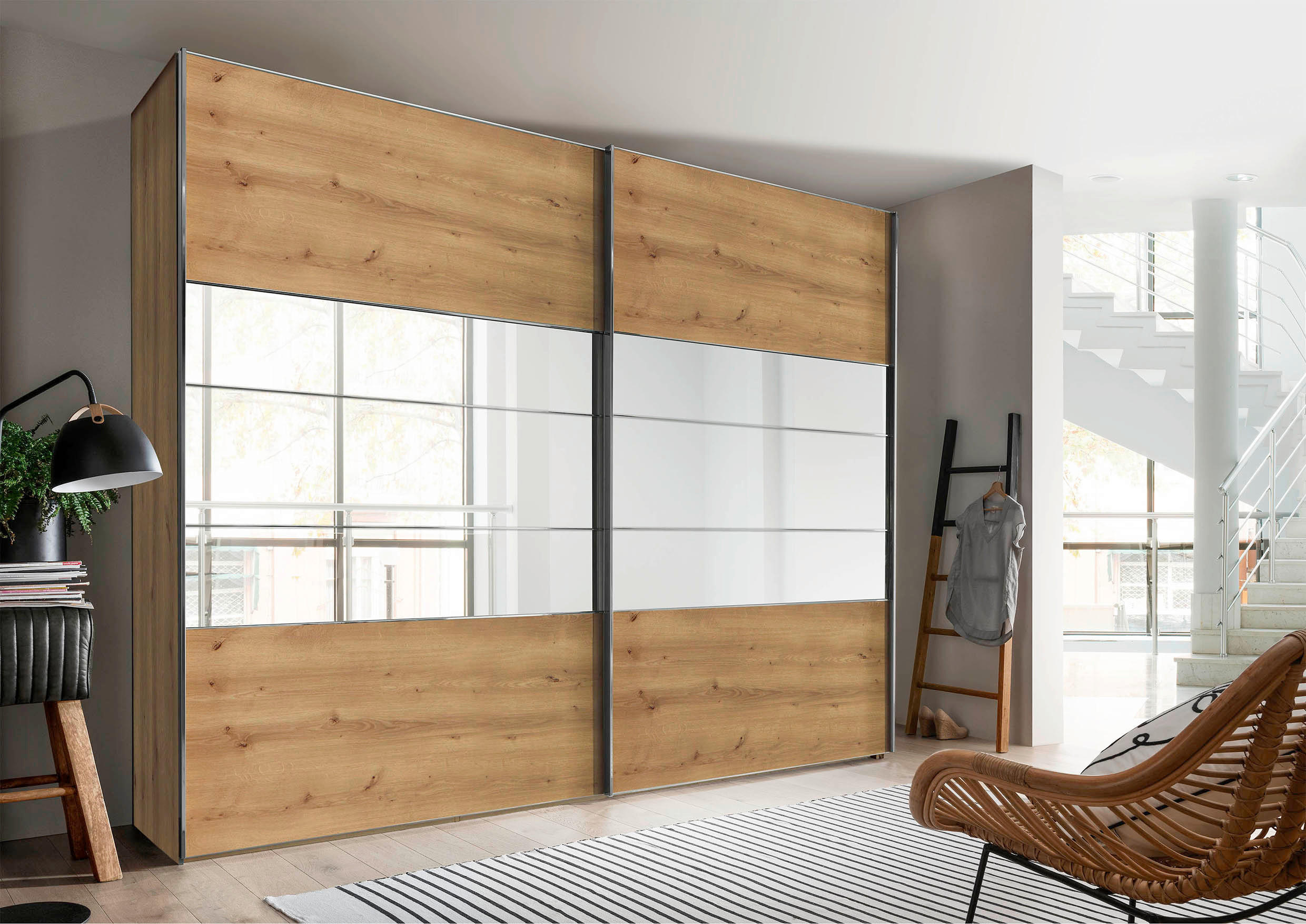 SCHWEBETÜRENSCHRANK in Eiche Bianco  - Chromfarben/Eiche Bianco, Konventionell, Holzwerkstoff (250/217/67cm) - Voleo