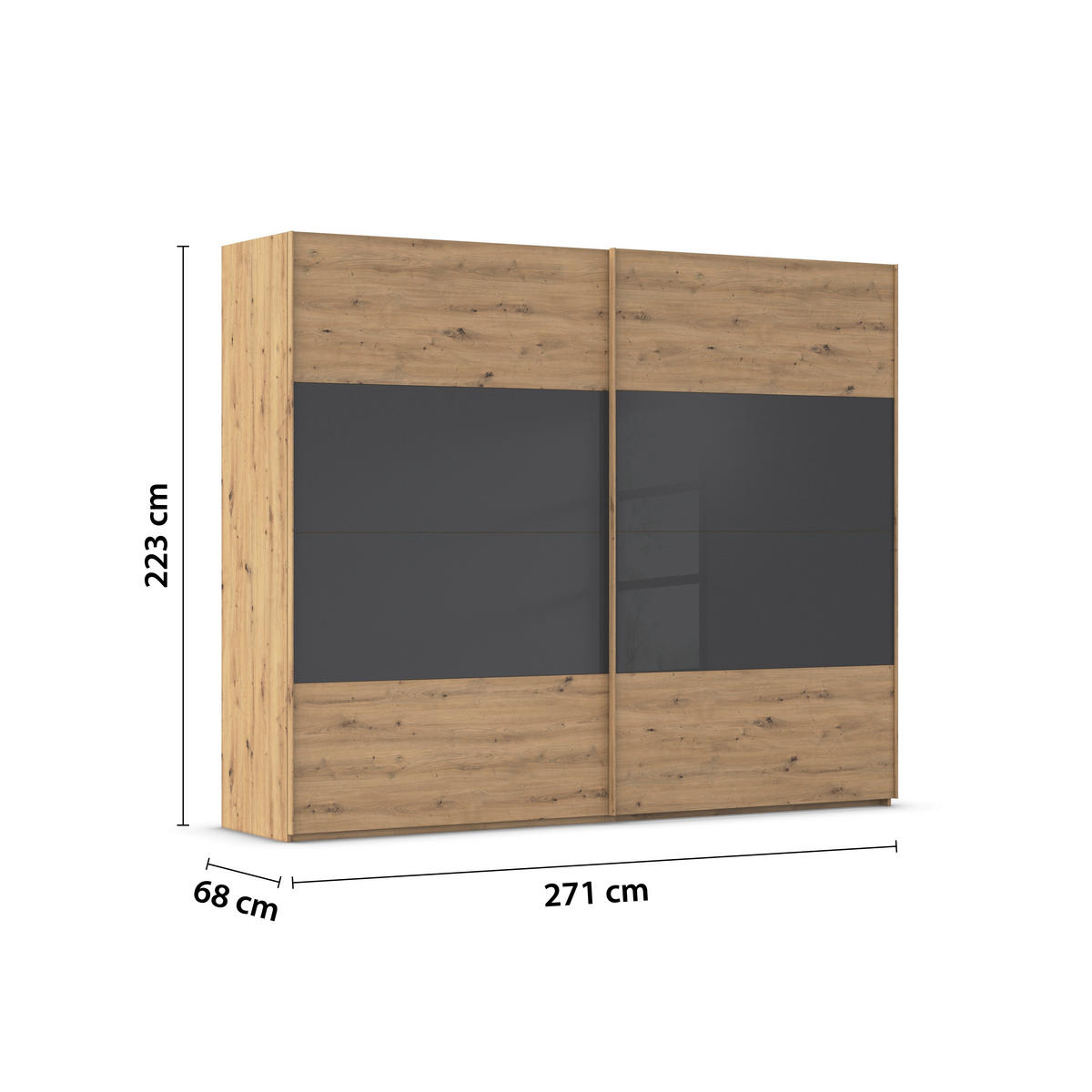 SCHWEBETÜRENSCHRANK 271/223/68 cm 2-türig Schwarz, Eiche Artisan  - Eichefarben/Schwarz, Design, Glas/Holzwerkstoff (271/223/68cm) - Xora