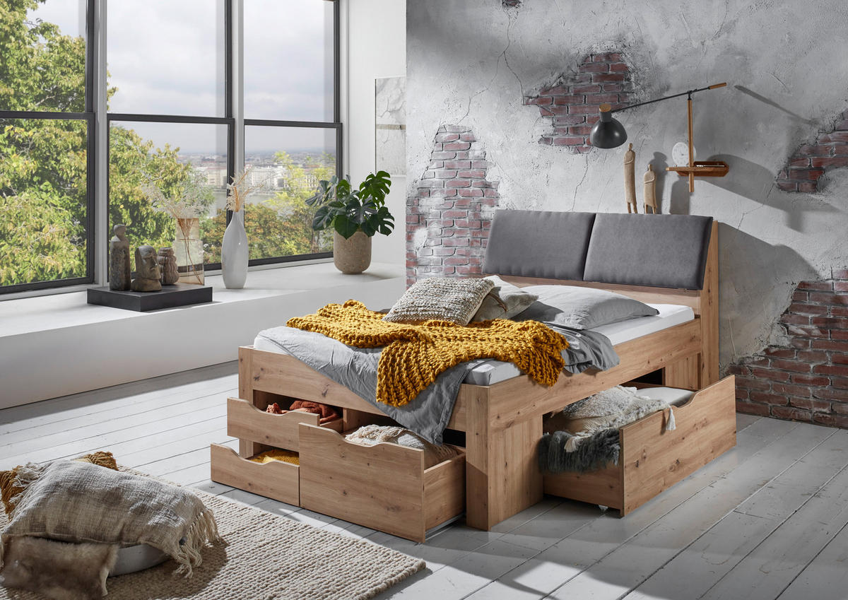 POSTELJA S PREDALOM 140 cm   x 200 cm  , hrast artisan  - siva/hrast artisan, Konvencionalno, leseni material/tekstil (237,5/145,6/103,8cm) - Carryhome