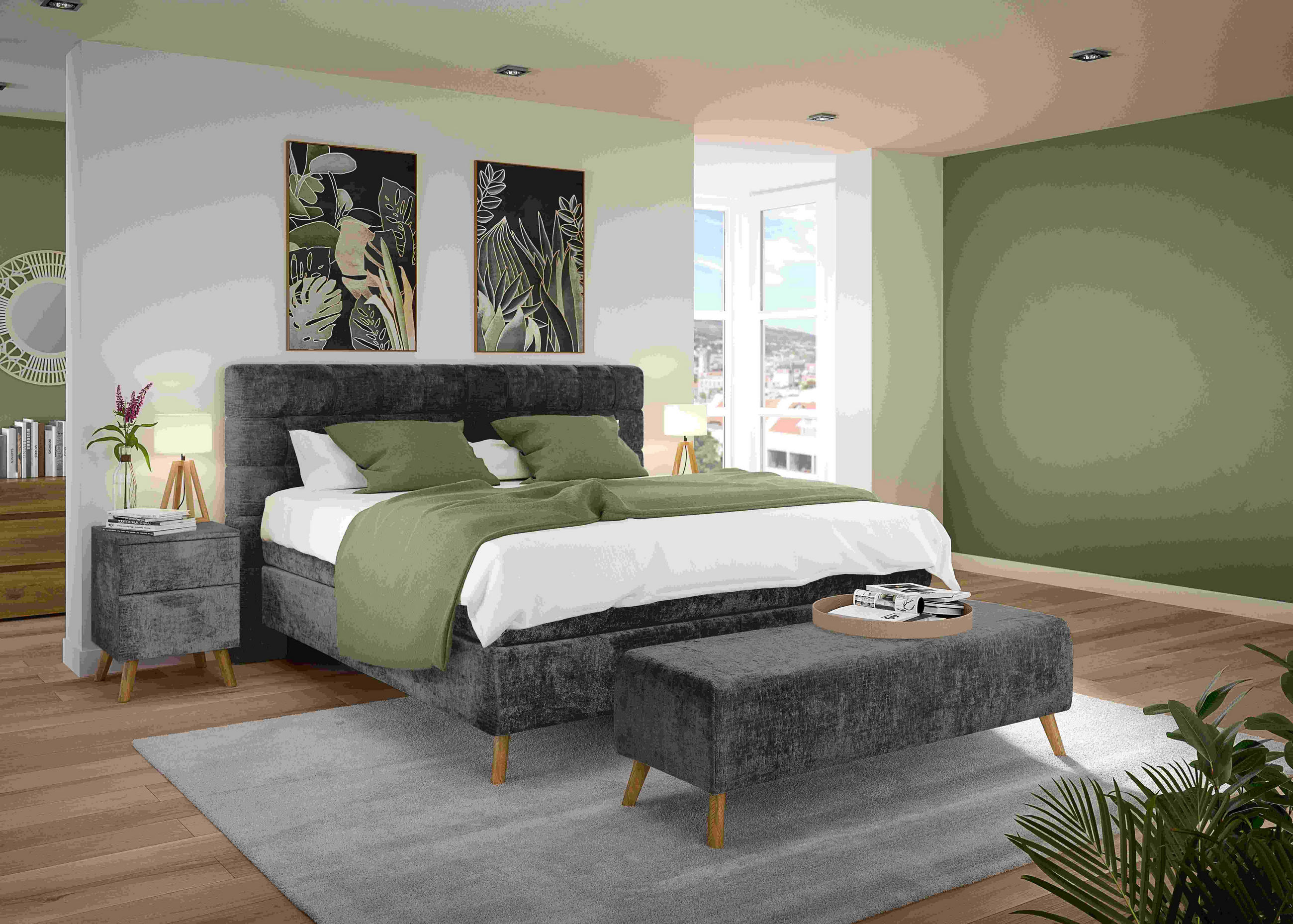 BETTBANK Webstoff Eiche Schwarz  - Schwarz, Design, Holz/Textil (145/45/48cm) - Esposa