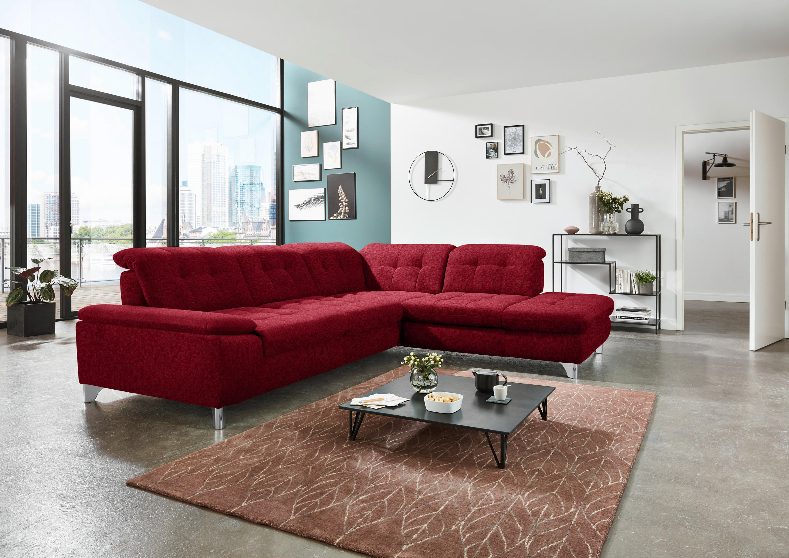 ECKSOFA in Chenille Rot  - Chromfarben/Rot, Design, Textil/Metall (310/260cm) - Beldomo Speed