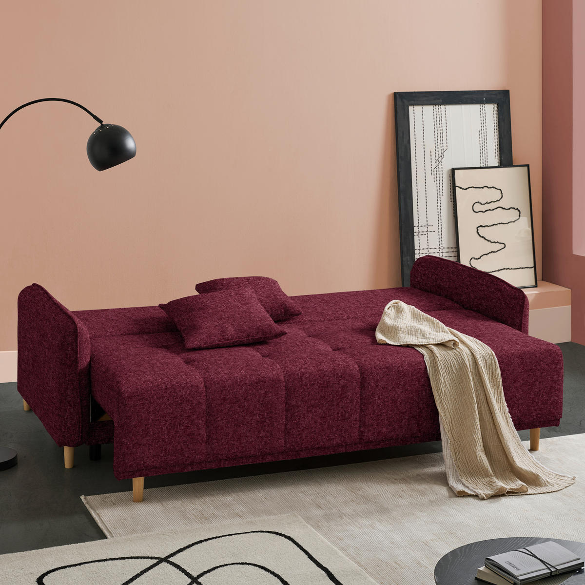 SCHLAFSOFA  in Chenille Bordeaux  - Bordeaux/Buchefarben, Design, Holz/Textil (217/97/101cm) - Carryhome