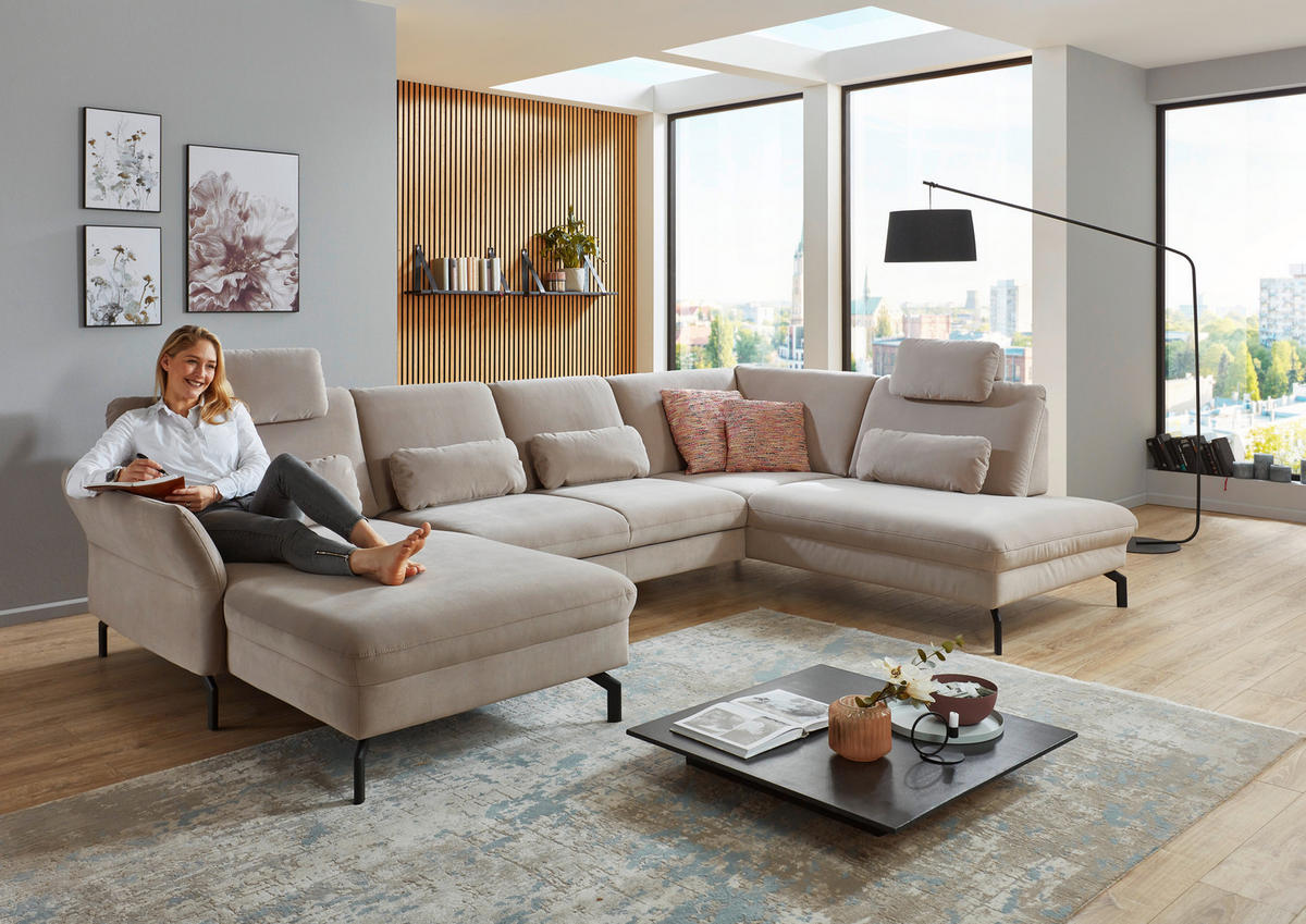 WOHNLANDSCHAFT in Velours Graubraun  - Graubraun/Schwarz, Design, Textil/Metall (220/335/179cm) - Beldomo System