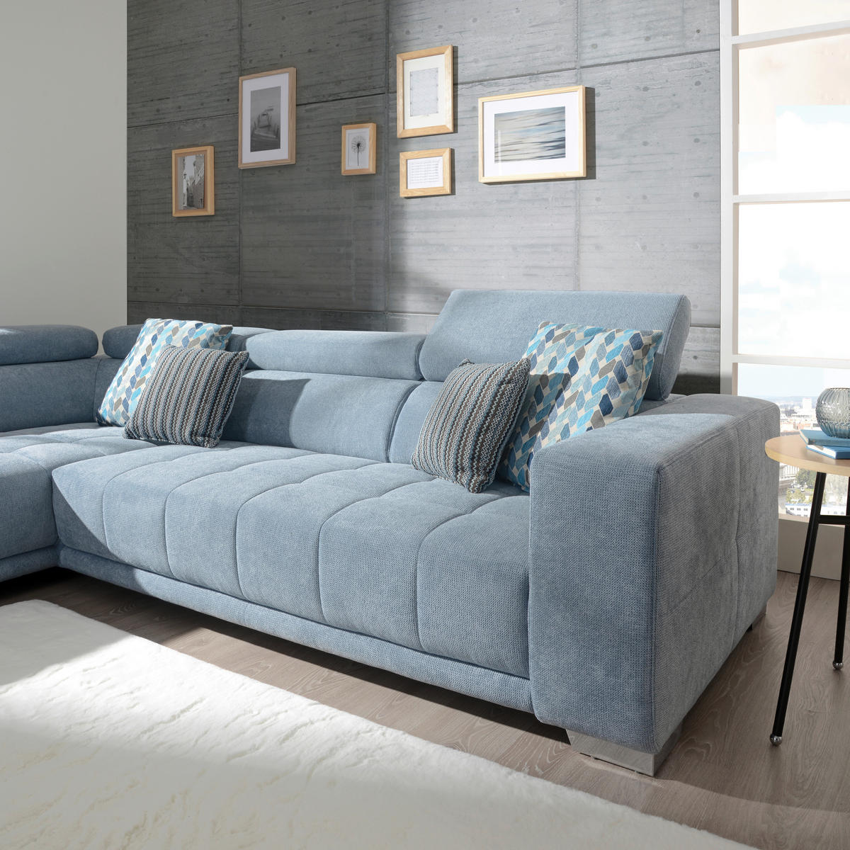 SEDEŽNA GARNITURA, mikrovlakna svetlo modra  - barve kroma/svetlo modra, Design, kovina/tekstil (207/301cm) - Xora